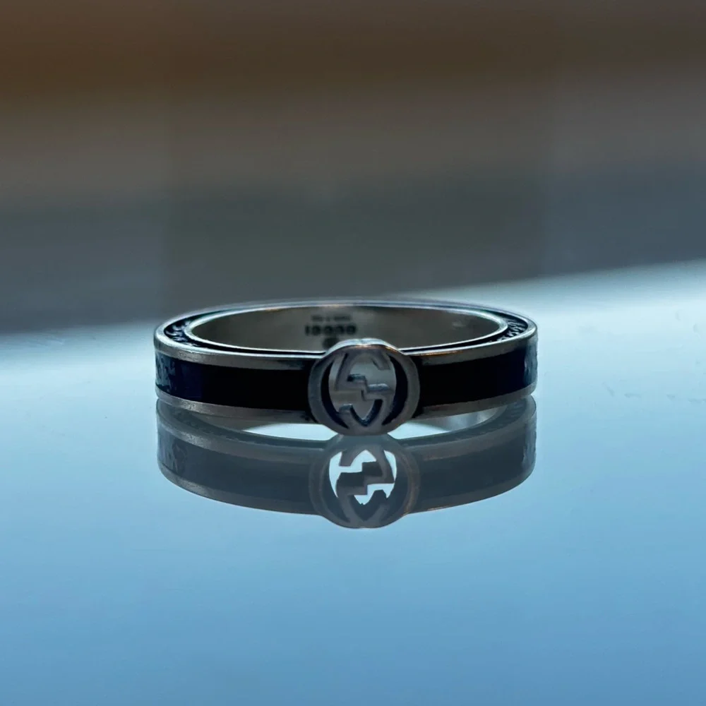 Gucci Interlocking Sterling Silver & Black Enamel Ring 13g - Picture 3 of 7